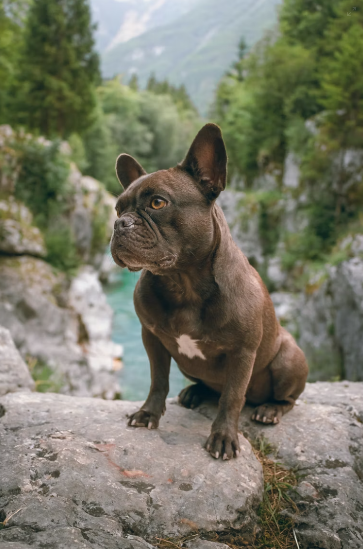A brown colored French Bulldog sitting on rocks with a river and some trees in the background during the day.